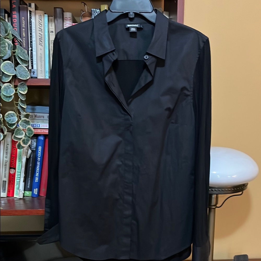 Donna Karan Poplin/Cotton/Soft Jersey Black Button-Up Shirt L